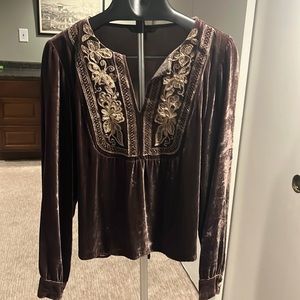 Anthropologie Brown, Gold. Embroidered, Vintage, Long Sleeve Blouse Size L